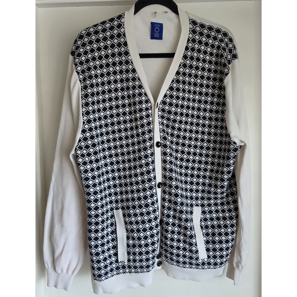 EFM Cardigan Sweater M White Black Geometric Long Sleeve Cotton Classic